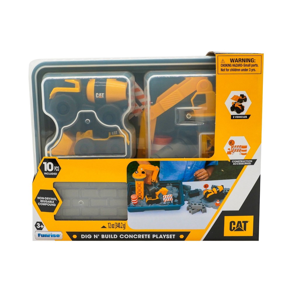 Caja del set CAT Dig N' Build Concrete con vehículos y compuesto gris