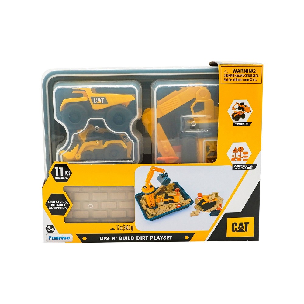 Caja del set CAT Dig N' Build Dirt con vehículos y compuesto color tierra