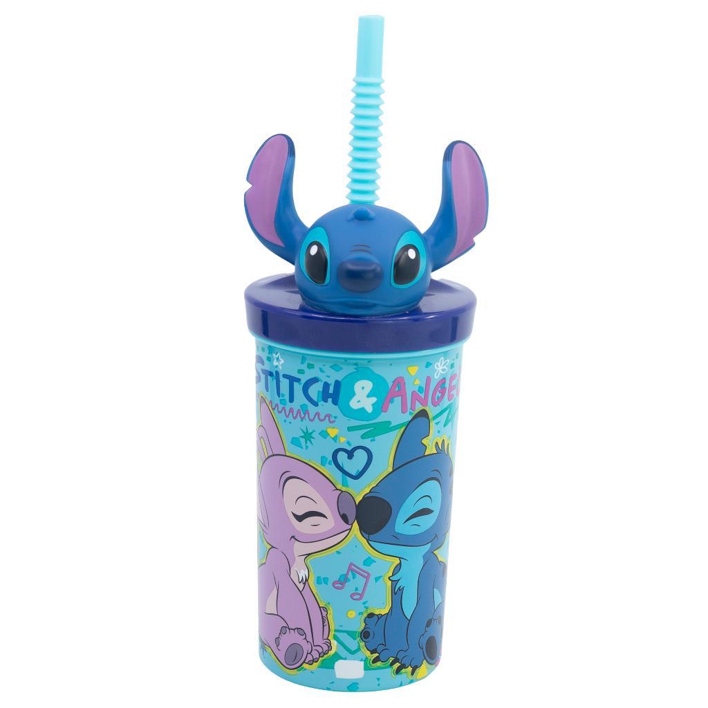 Vaso infantil Stitch de 360 ml con figura 3D en la tapa y bombilla celeste