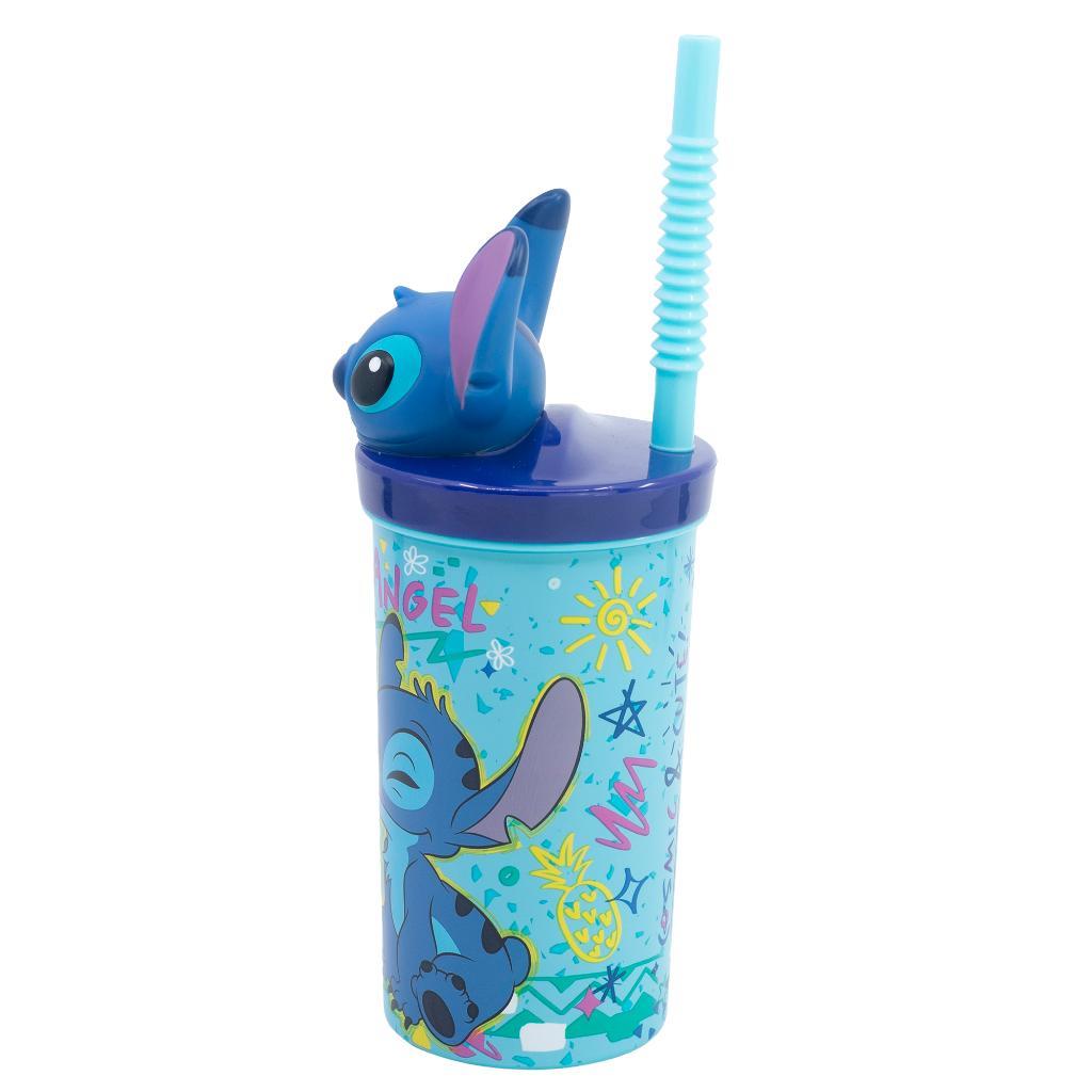 Vaso con bombilla y figura 3D de Stitch, vista lateral con diseño de Stitch y Angel