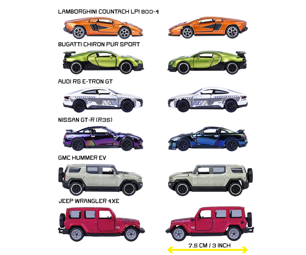 Modelos del surtido Majorette Deluxe Cars con sus nombres y largo de 7,5 cm