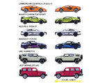 Modelos del surtido Majorette Deluxe Cars con sus nombres y largo de 7,5 cm