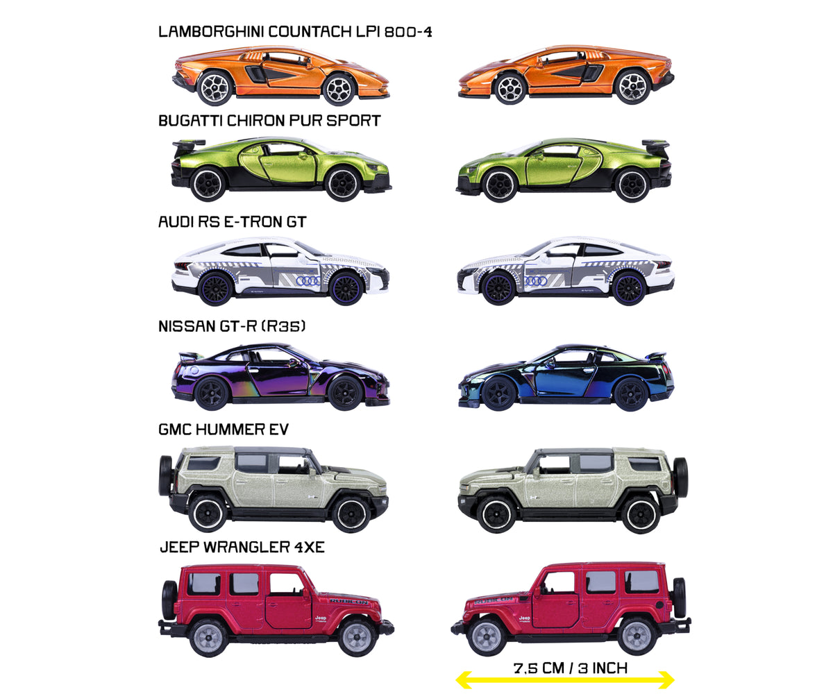 Modelos del surtido Majorette Deluxe Cars con sus nombres y largo de 7,5 cm