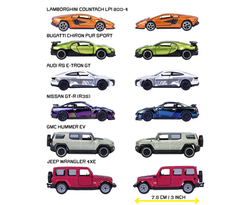 Modelos del surtido Majorette Deluxe Cars con sus nombres y largo de 7,5 cm