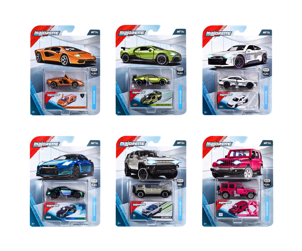 Seis autos Majorette Deluxe Cars en sus empaques de colección