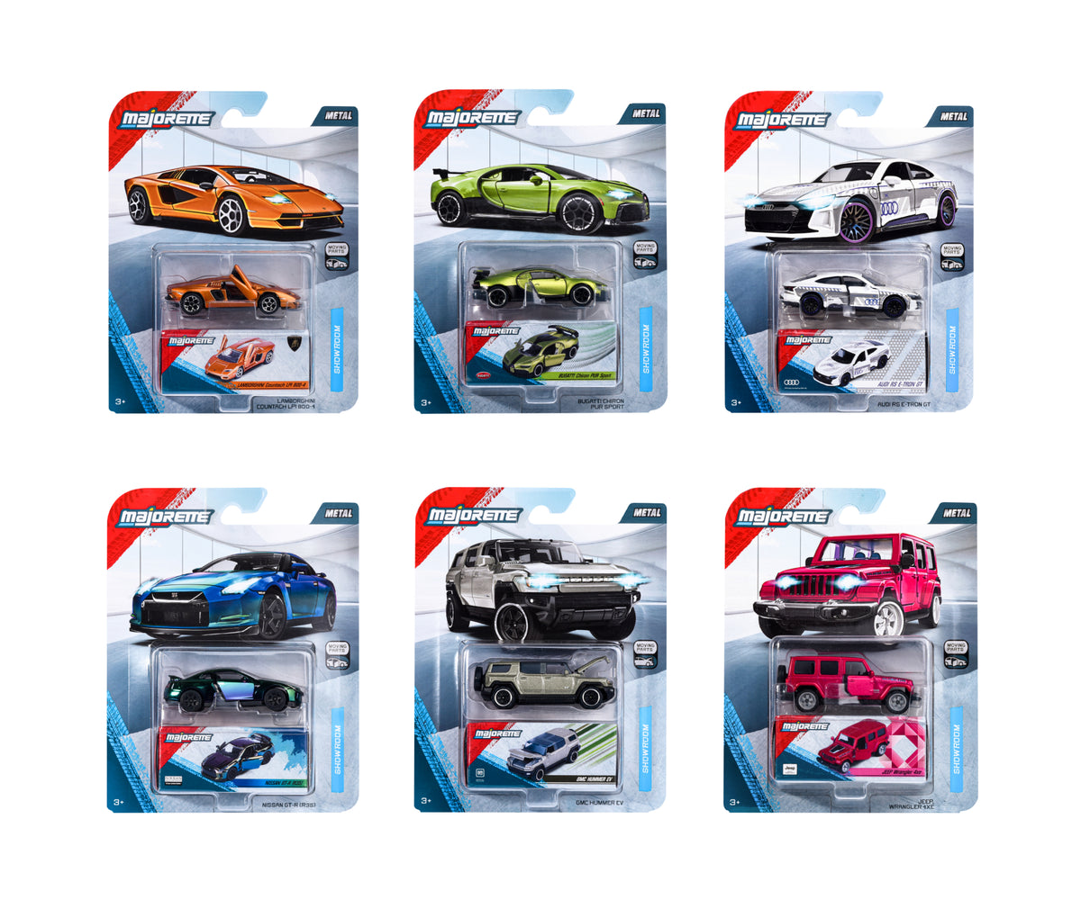 Seis autos Majorette Deluxe Cars en sus empaques de colección