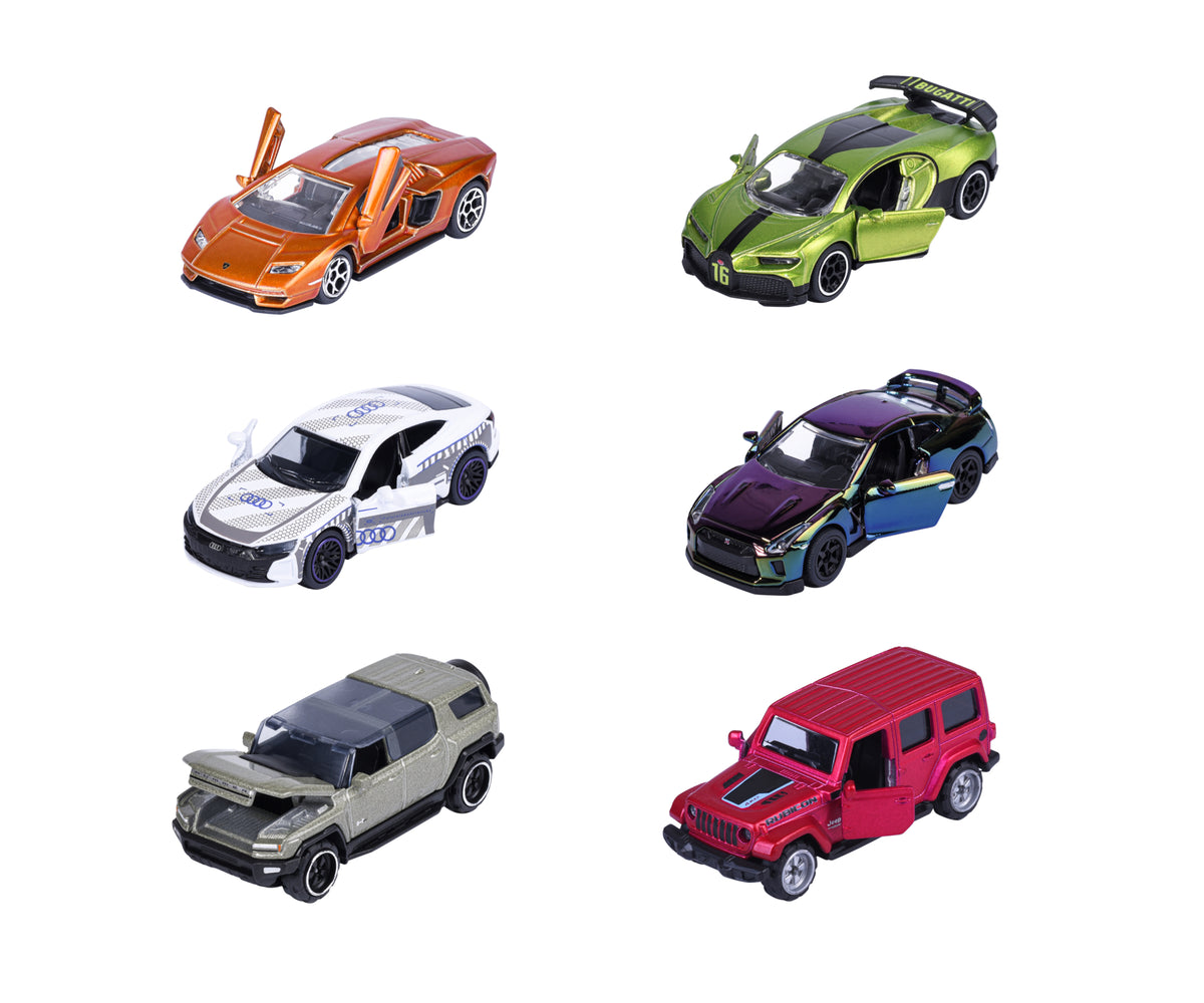 Seis autos Majorette Deluxe Cars de distintos colores con puertas abiertas