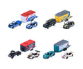 Los 4 modelos del surtido Majorette con remolque: Ford, Land Rover, Mack con Nissan y Porsche