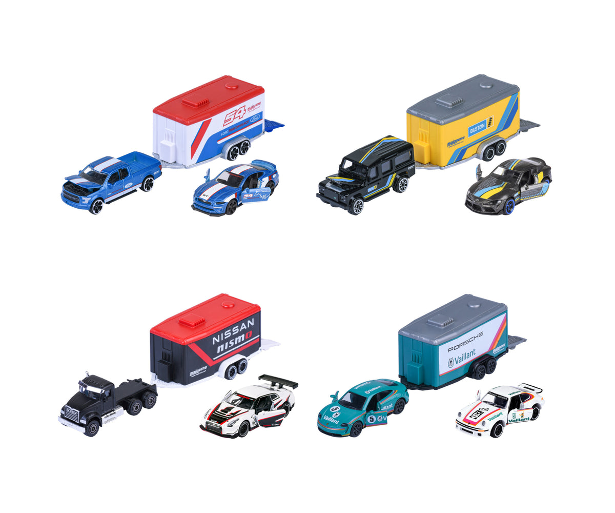 Los 4 modelos del surtido Majorette con remolque: Ford, Land Rover, Mack con Nissan y Porsche