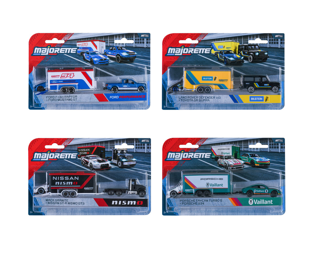 Empaques de los 4 sets Majorette con remolque: Ford, Land Rover, Nissan Nismo y Porsche