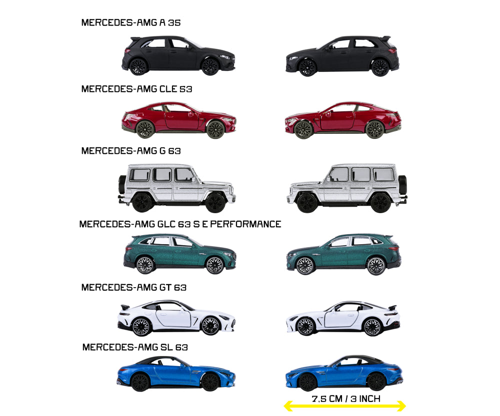 Lineup con nombres de los modelos Mercedes-AMG A 35, CLE 63, G 63, GLC 63, GT 63 y SL 63