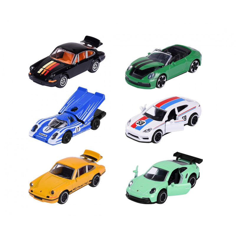 Los seis autos Majorette Porsche Premium del surtido: 911, 917 y Panamera en distintos colores