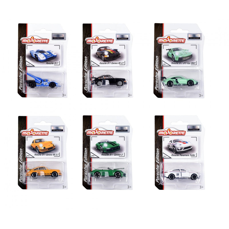 Seis blísteres Majorette Porsche Edition, cada uno con un auto distinto del surtido