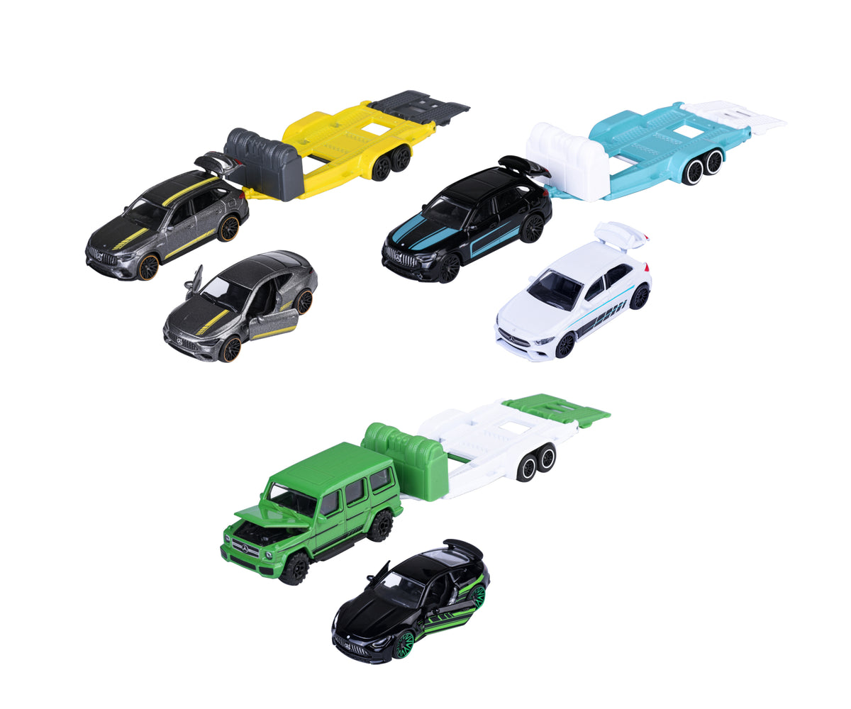 Los 3 sets Mercedes-AMG Deluxe Trailer de Majorette con sus autos y remolques