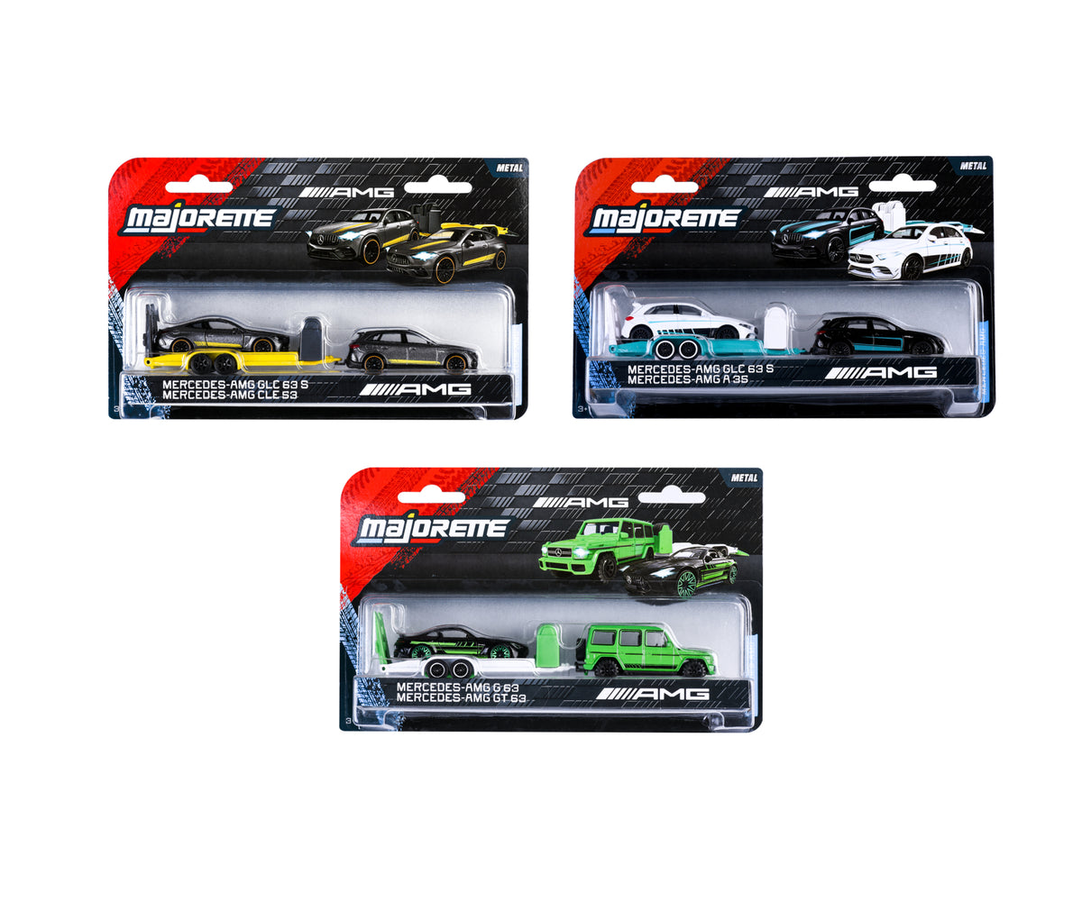 Empaques de los 3 modelos del set Majorette Mercedes-AMG Deluxe Trailer