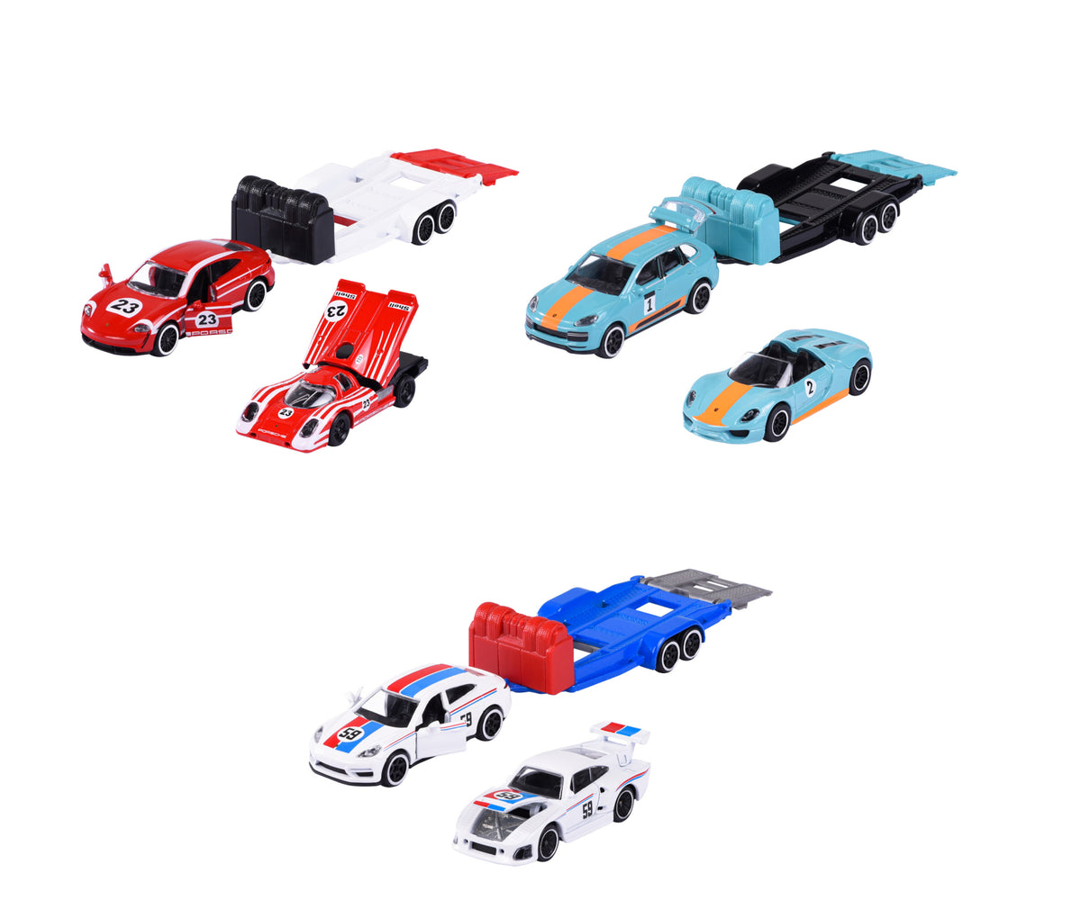 Los 3 sets Porsche Deluxe Trailer de Majorette con sus autos y remolques en colores de carrera