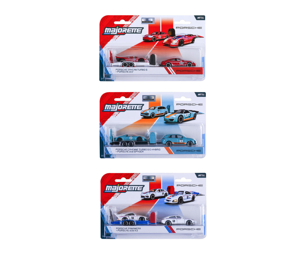 Empaques de los 3 modelos del set Majorette Porsche Deluxe Trailer