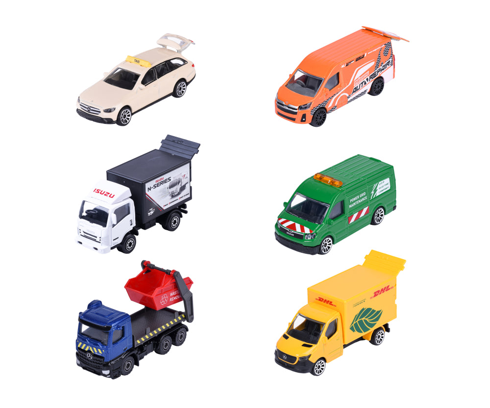 Los 6 vehículos Majorette City Premium del surtido: taxi, furgones, camión Isuzu, camión Arocs y furgón DHL