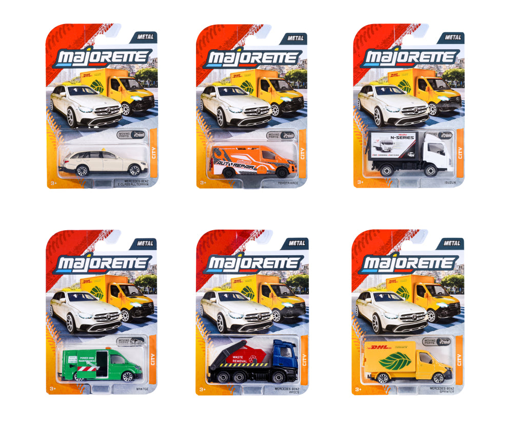 Seis blísteres Majorette City Premium, uno por cada modelo del surtido