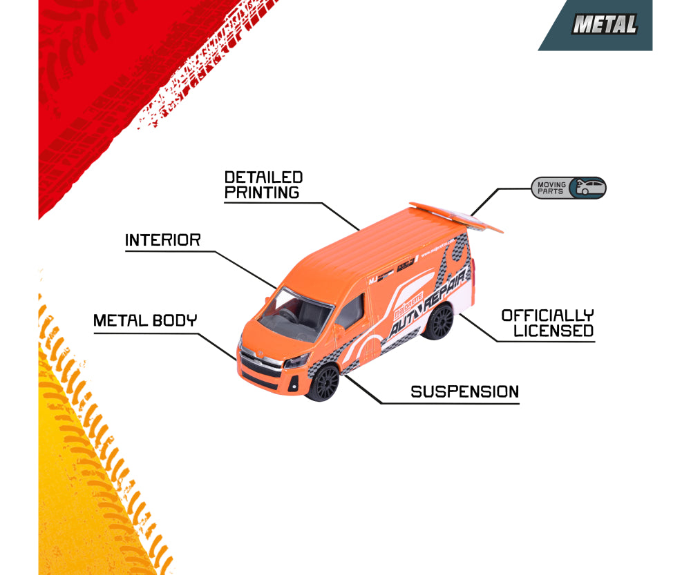 Furgón naranjo Majorette City Premium con detalles de metal, interior y suspensión señalados