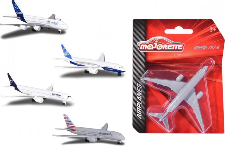 Surtido de aviones Majorette: Airbus A380, Boeing 787, Lufthansa y American Airlines con su blíster