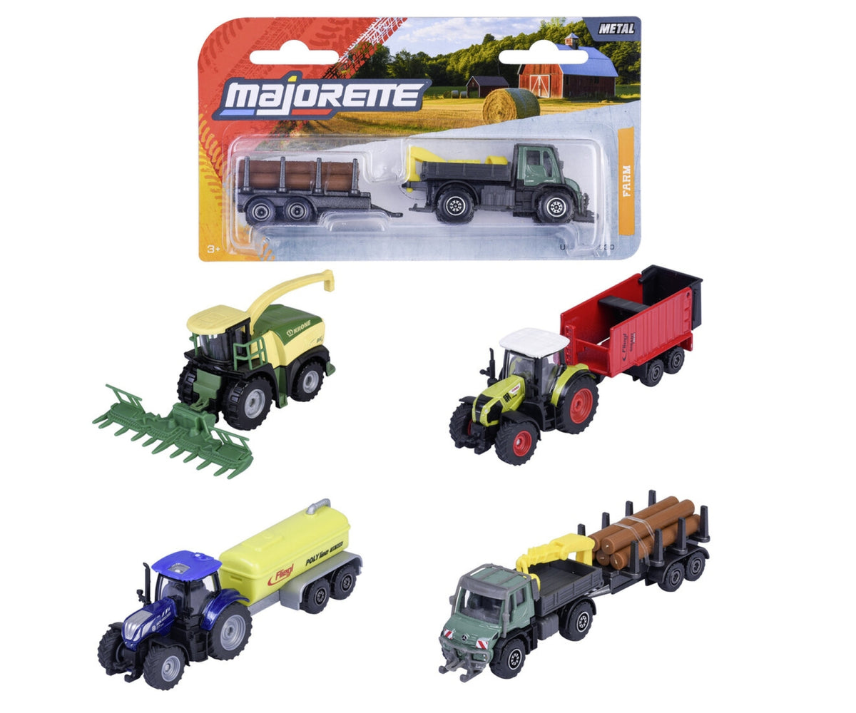 Surtido Majorette Farm Trailer: blíster y los cuatro vehículos agrícolas con remolque
