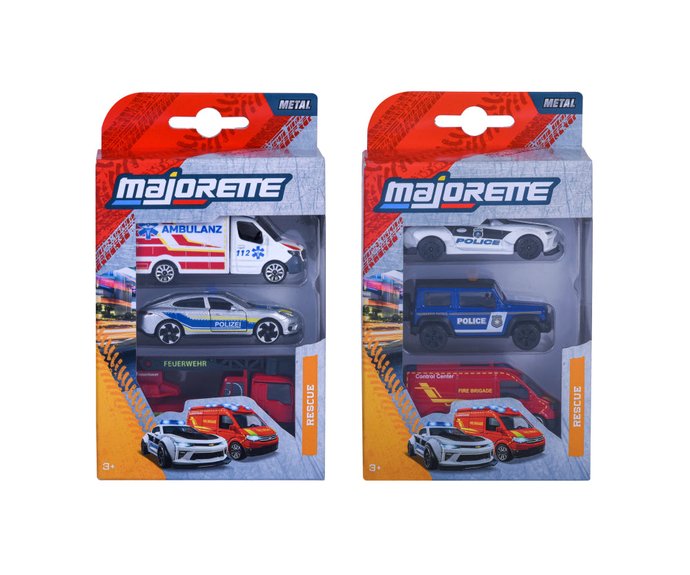 Los dos empaques del set Majorette Rescue de 3 vehículos