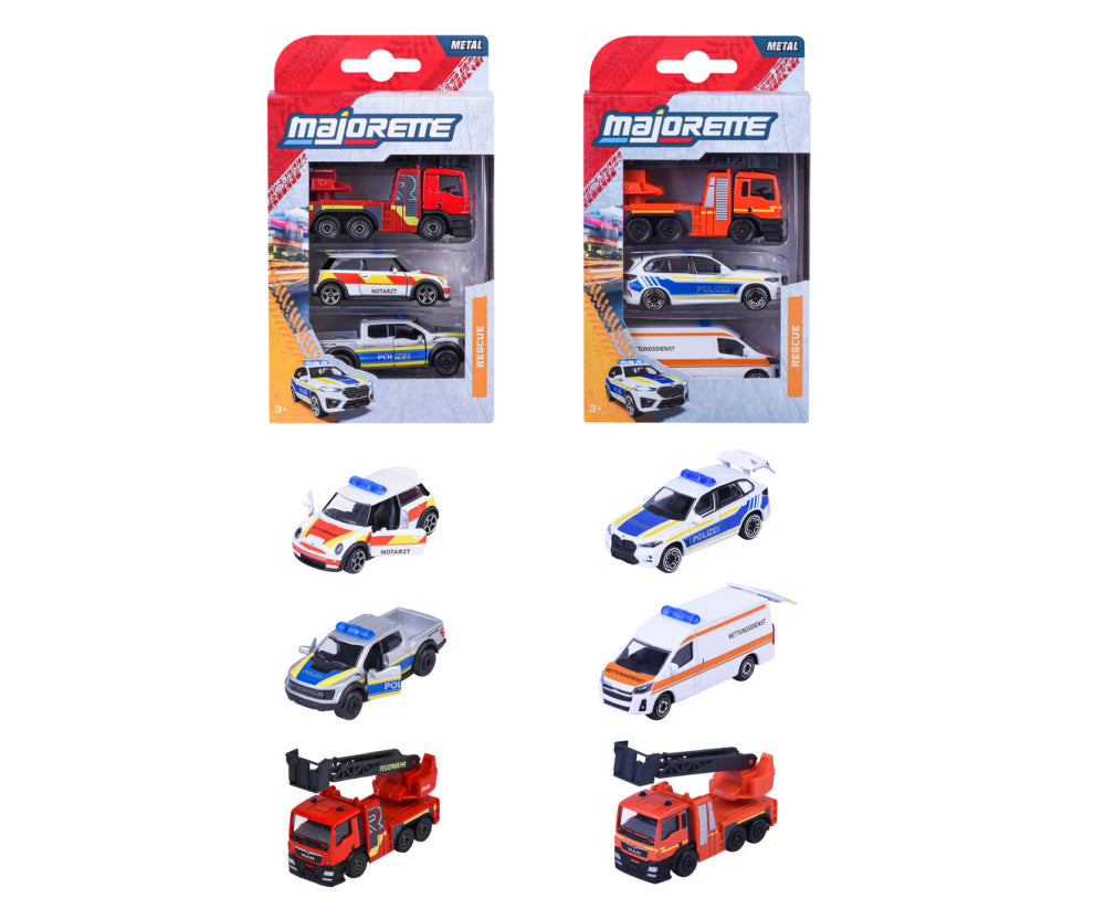 Empaques y vehículos de cada uno de los dos sets Majorette Rescue