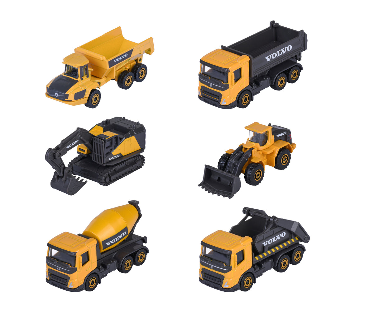Los seis vehículos de construcción Volvo Majorette amarillos y negros