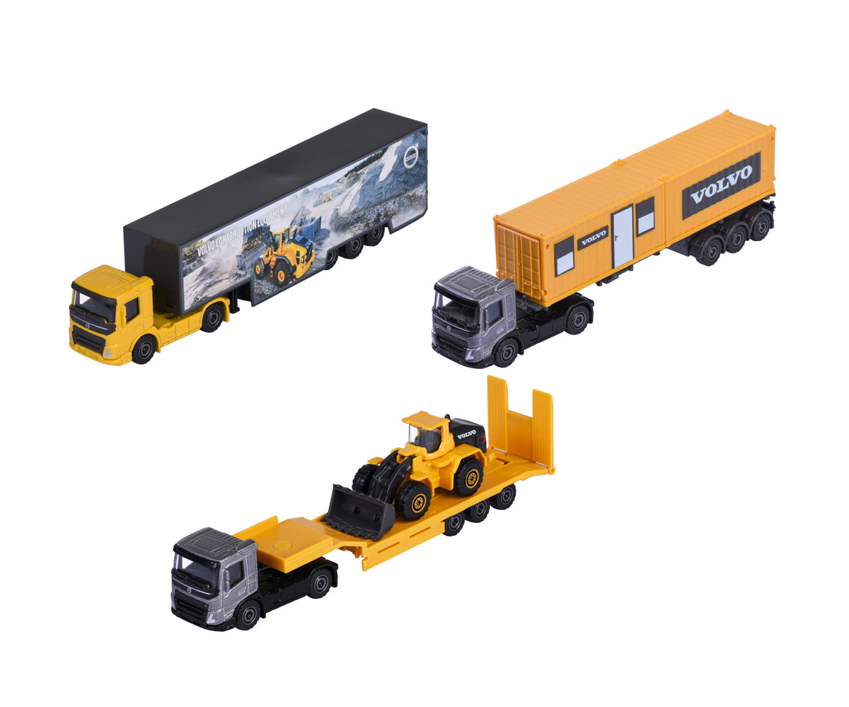 Los 3 modelos del surtido Majorette Volvo Construction Transporter: camión show, contenedores y cama baja con cargador