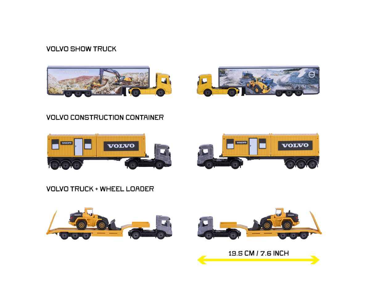Detalle de los 3 camiones Volvo FMX del surtido Majorette con su largo aproximado