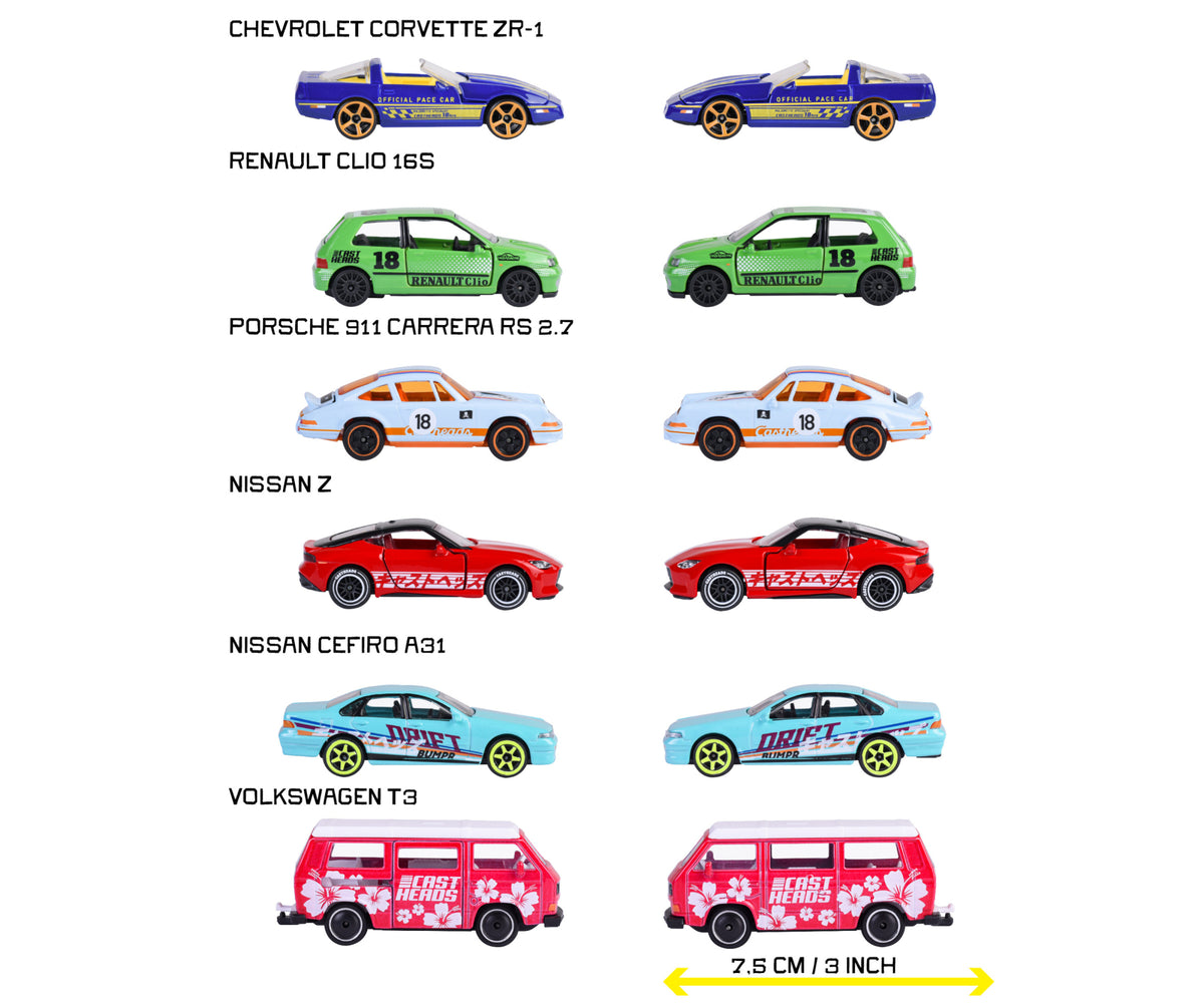 Modelos CastHeads Road Racer con sus nombres y medida de 7,5 cm