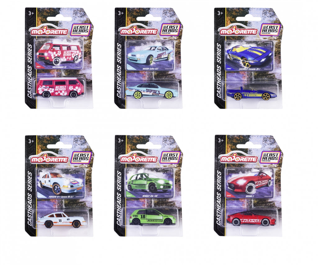 Seis blísteres Majorette CastHeads Series con los autos del surtido