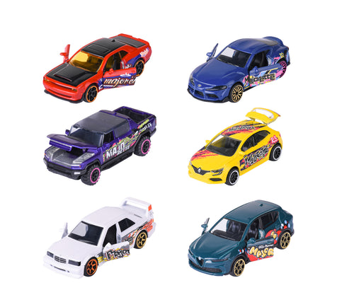 Los 6 autos Majorette Graffiti Premium Cars del surtido con diseños graffiti de colores
