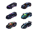 Los seis autos Majorette Neon Racer Premium Cars negros con detalles neón