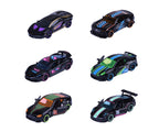 Los seis autos Majorette Neon Racer Premium Cars negros con detalles neón