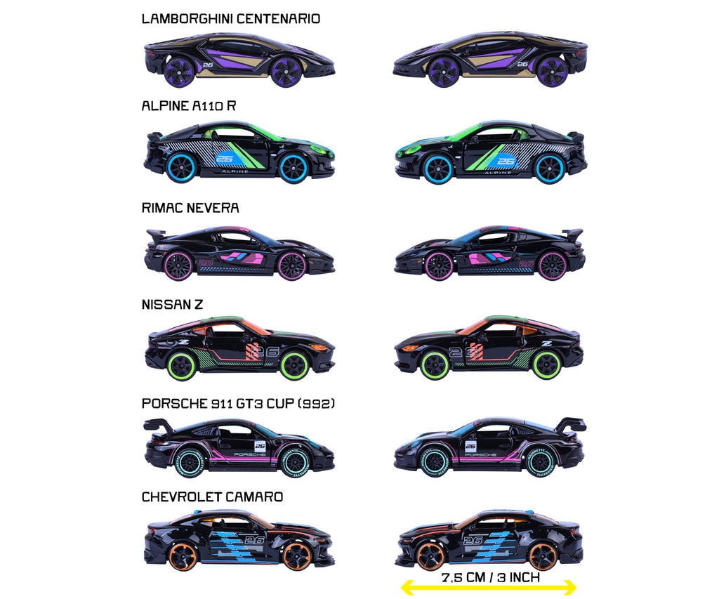Modelos del surtido Neon Racer con sus nombres y medida de 7,5 cm