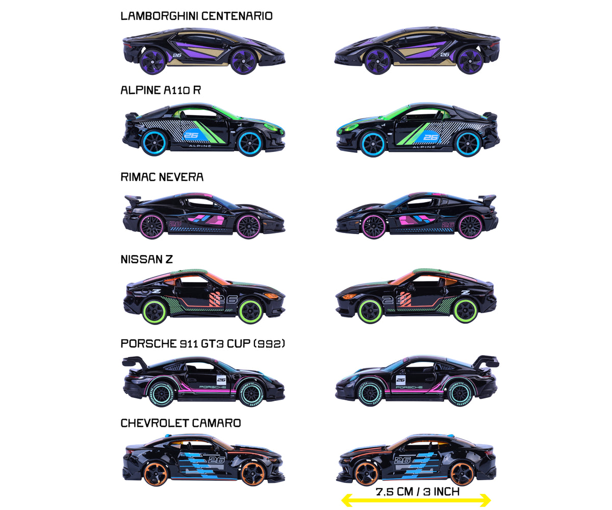 Modelos del surtido Neon Racer con sus nombres y medida de 7,5 cm