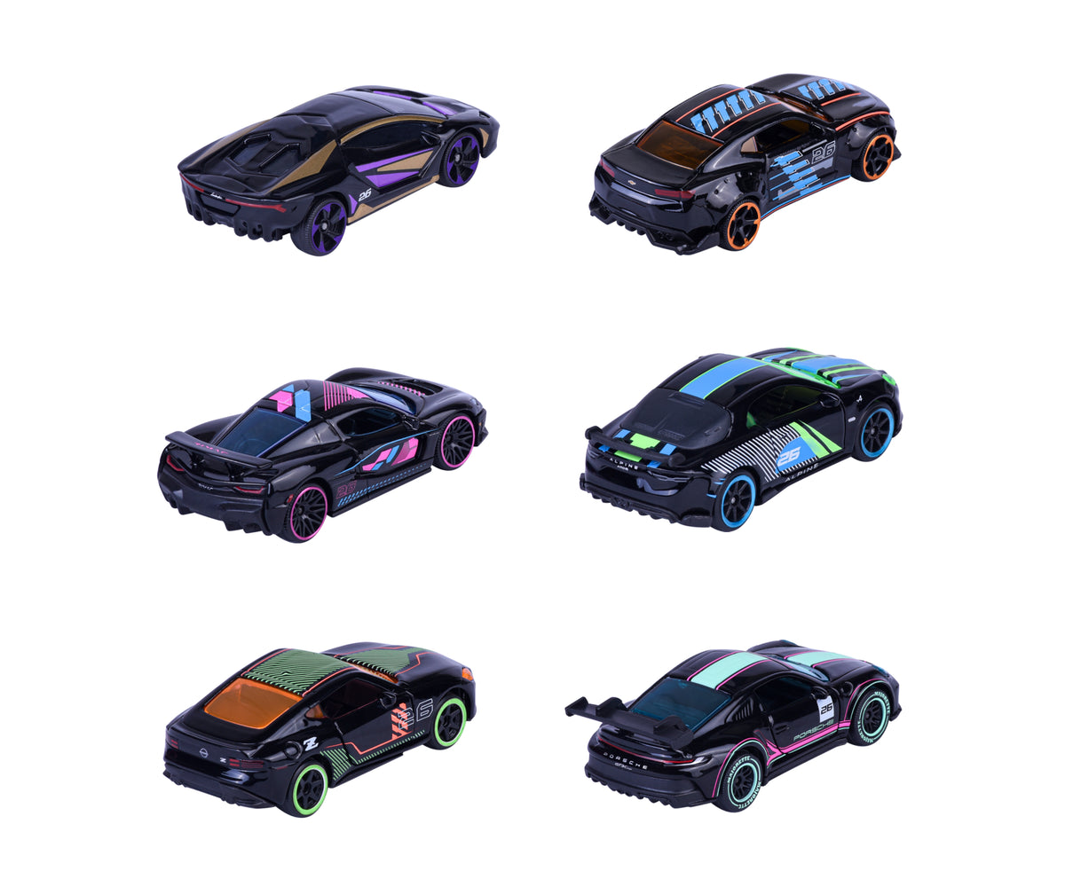 Vista trasera de los seis autos Neon Racer Premium Cars