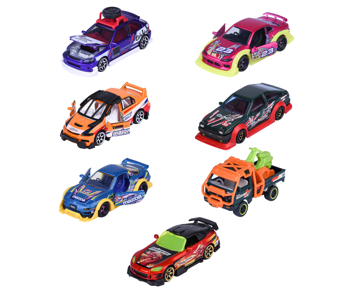 Los 7 autos Majorette JDM Legends Deluxe del surtido con piezas de tuning montadas