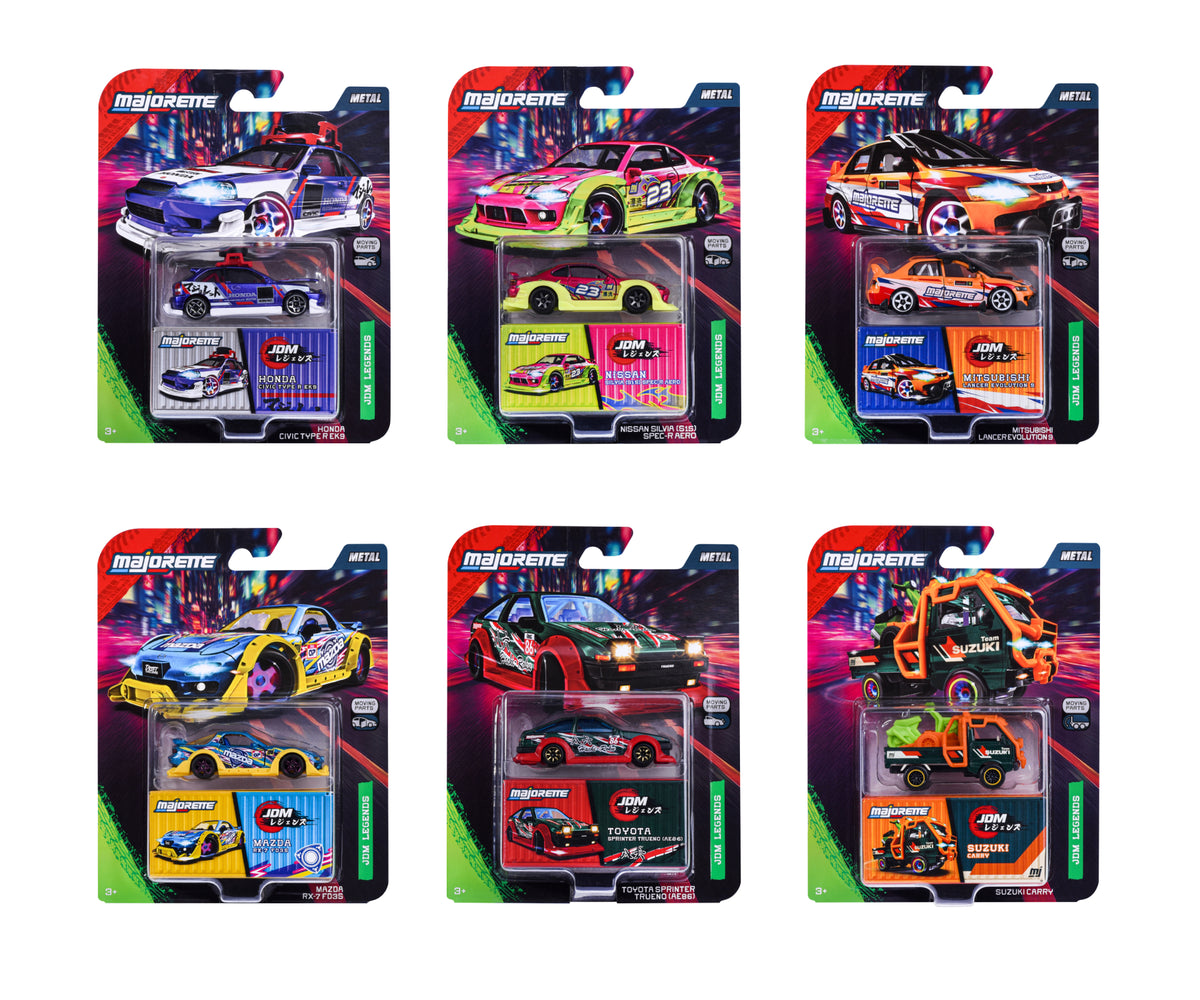 Seis blísteres Majorette JDM Legends Deluxe con auto y caja de piezas de tuning