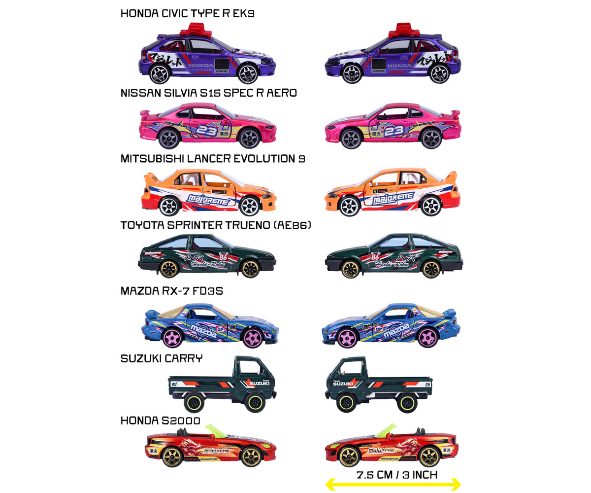 Lista de modelos JDM Legends Deluxe: Honda Civic, Nissan Silvia, Lancer Evo, AE86, RX-7, Carry y S2000