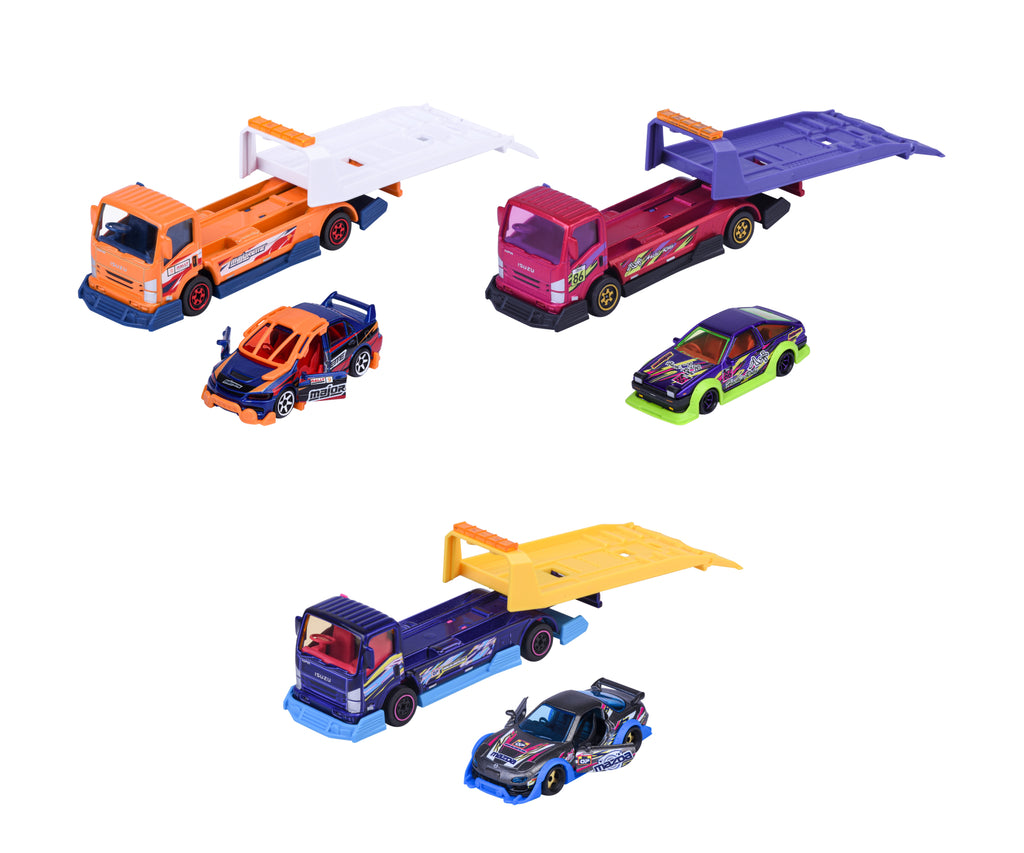 Los 3 modelos de camión transportador Majorette JDM Legends con sus autos tuning