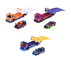 Los 3 modelos de camión transportador Majorette JDM Legends con sus autos tuning