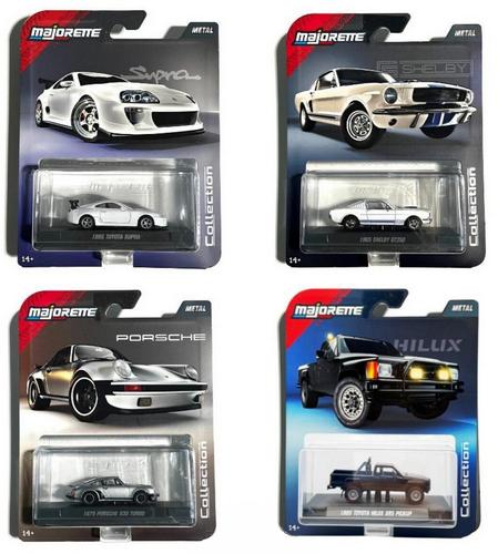 Cuatro autos Majorette Collection 1:64 en blíster: Toyota Supra, Shelby GT350, Porsche 930 y Hilux