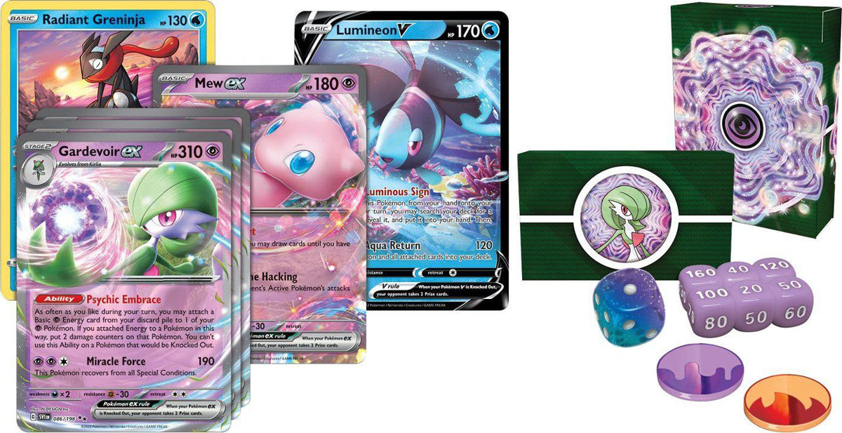 Contenido del League Battle Deck Gardevoir ex: cartas, caja para mazo, dados y marcadores