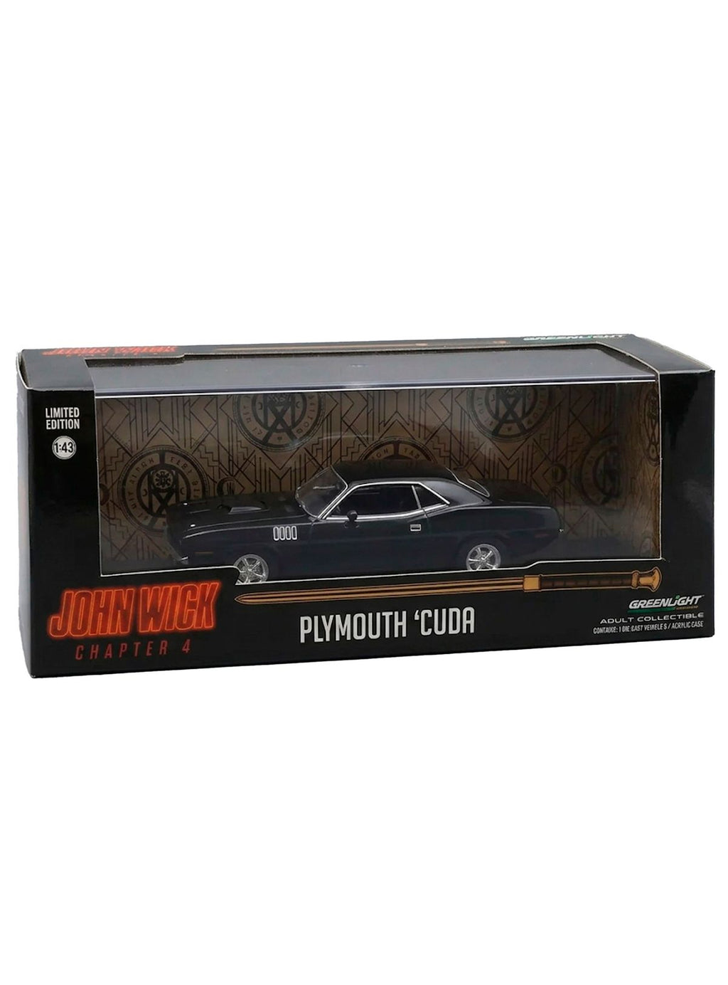 Caja de edición limitada John Wick Chapter 4 con el Plymouth Cuda en su interior