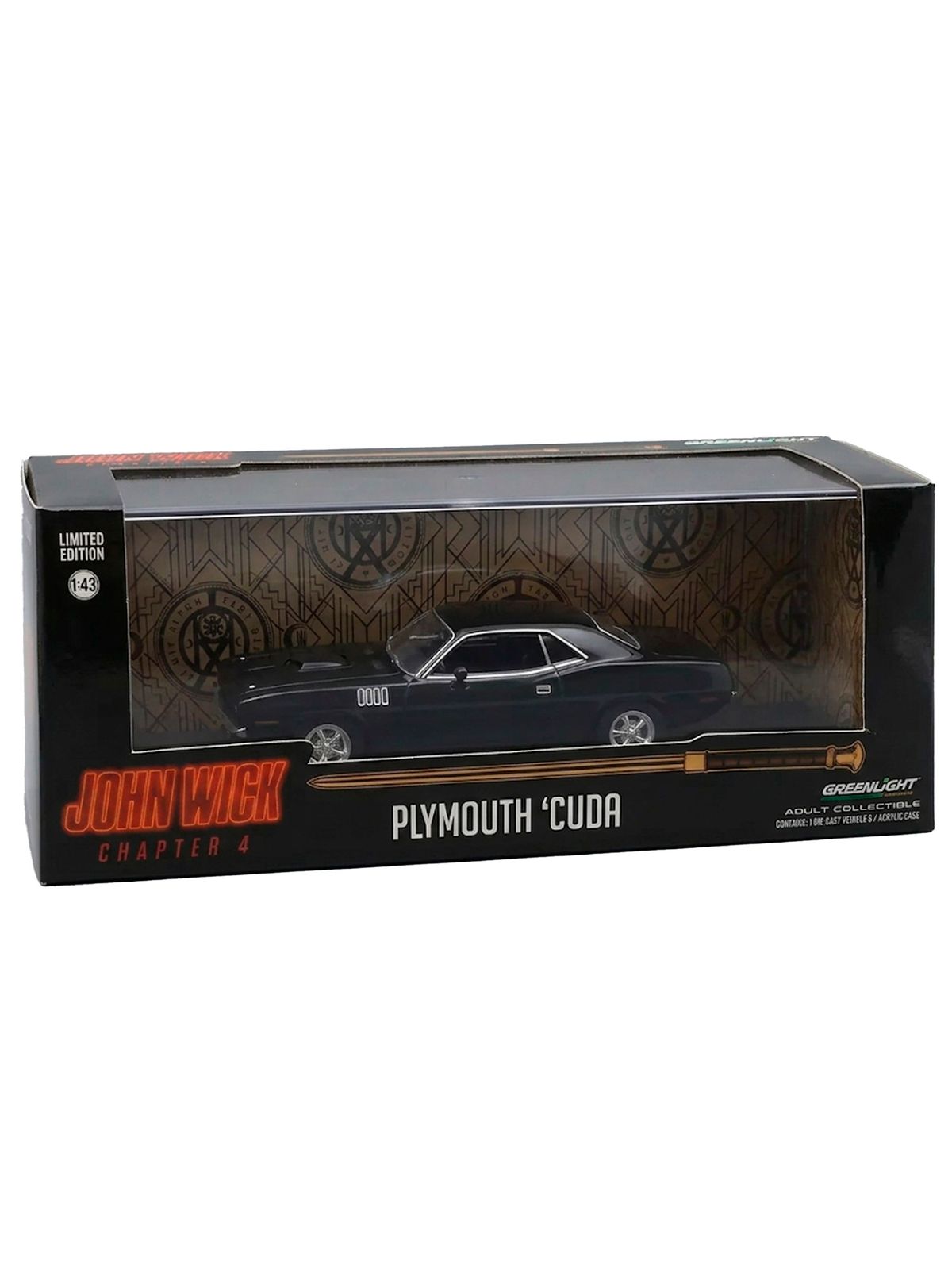 Caja de edición limitada John Wick Chapter 4 con el Plymouth Cuda en su interior