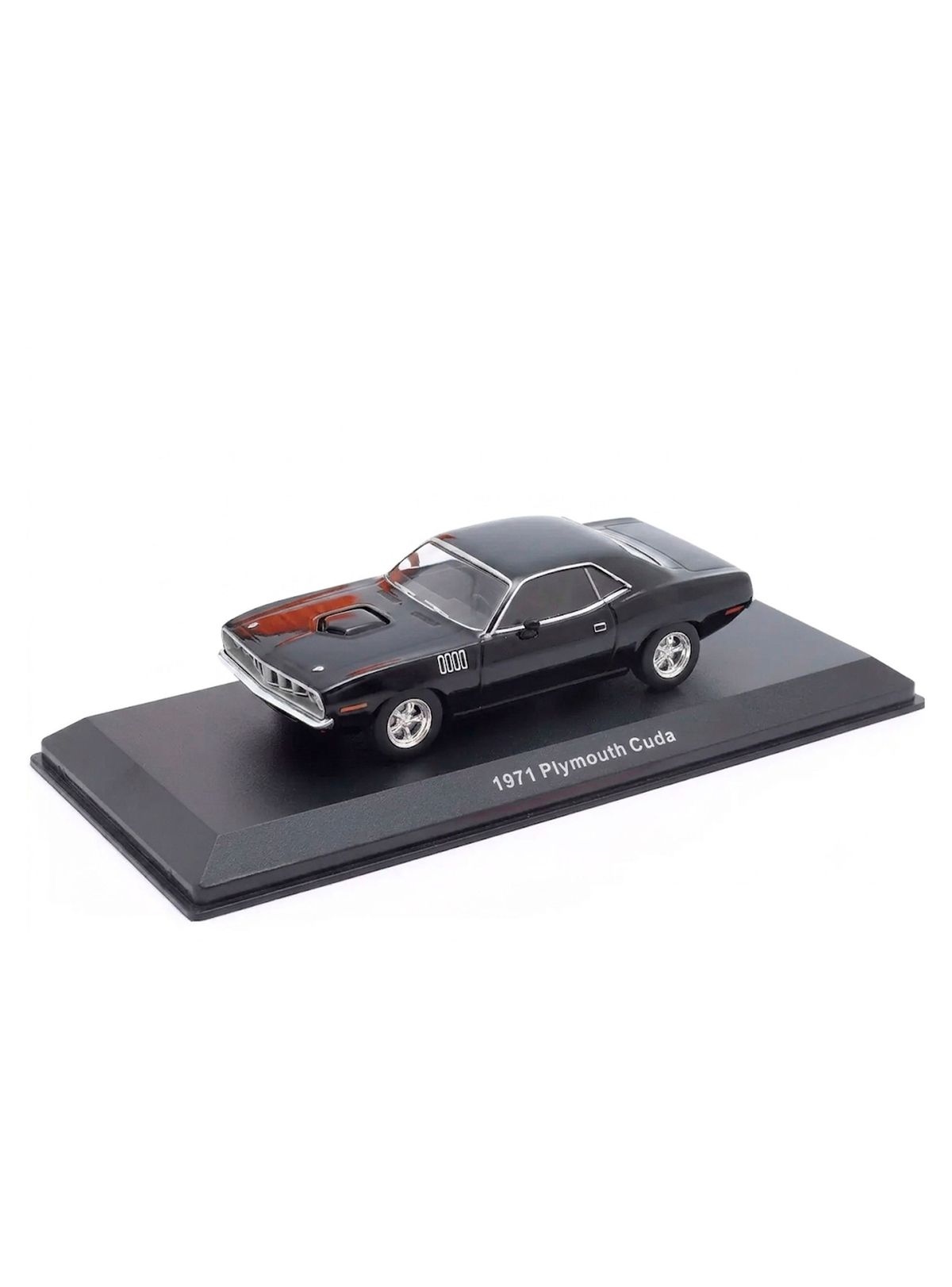 Auto Plymouth Cuda 1971 negro sobre base de exhibición