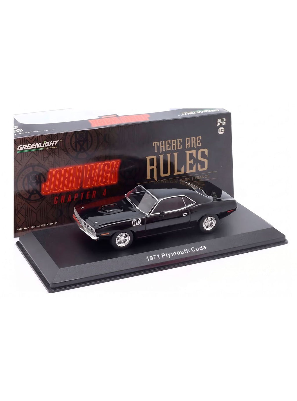 Plymouth Cuda de John Wick frente al empaque con la frase There Are Rules